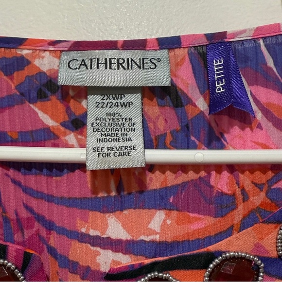 Catherines Crepe Blouse Top Size 2X Petite Sheer Flutter Sleeve Tropical Beaded - Picture 4 of 8